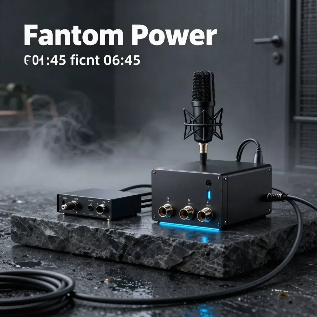 Fuente phantom negra con cable XLR, micrófono condensador y halo azul en un estudio oscuro.