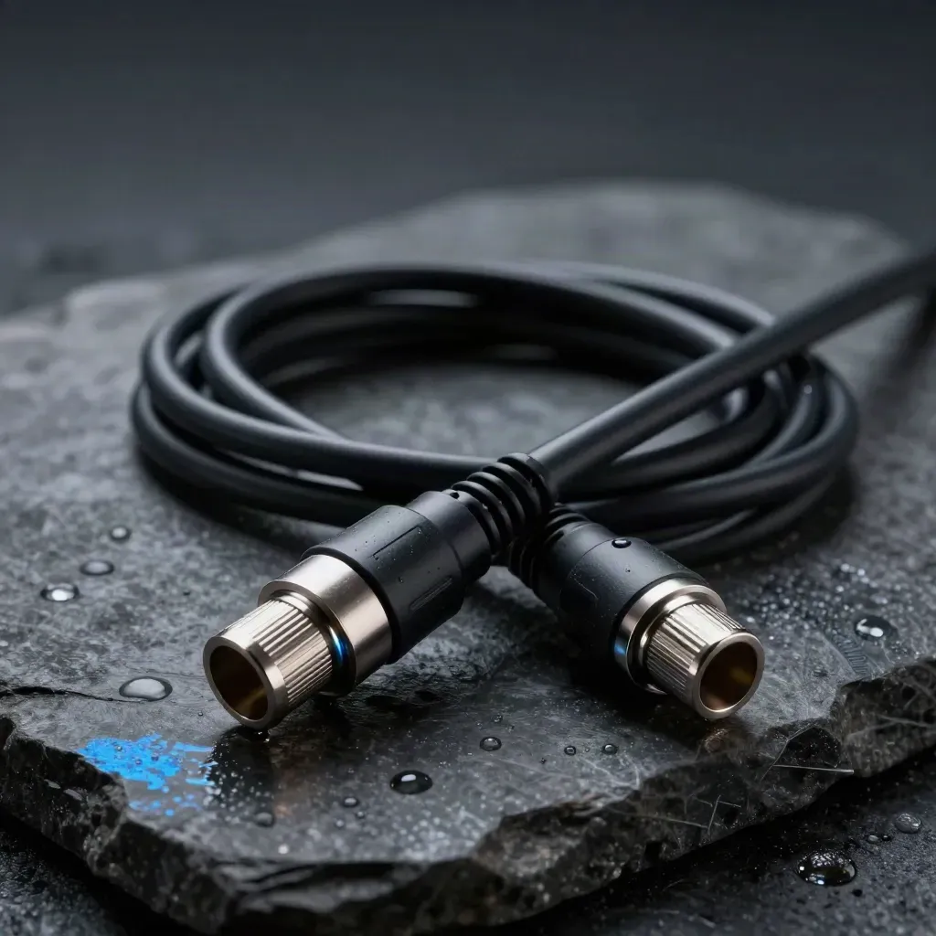 Cable XLR negro enrollado sobre piedra húmeda con reflejo azul eléctrico.