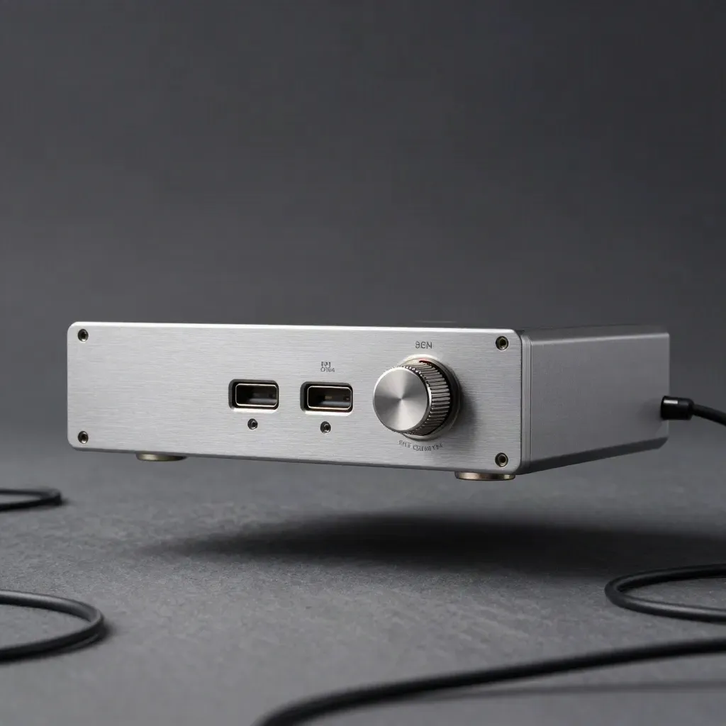 Interfaz de audio USB de aluminio flotando sobre fondo gris pizarra con bucles de cable.
