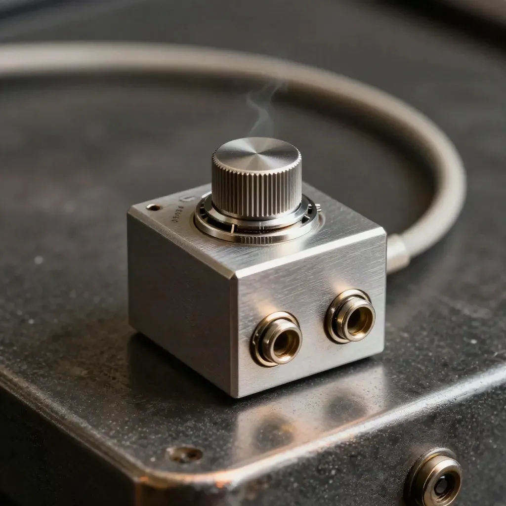 Previo de micro plateado con cable y vapor frío, apoyado en metal cepillado.