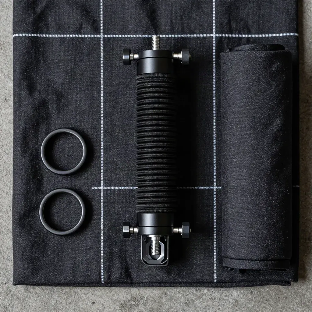 Soporte antivibración negro sobre lino oscuro con anillos de repuesto y tela doblada.