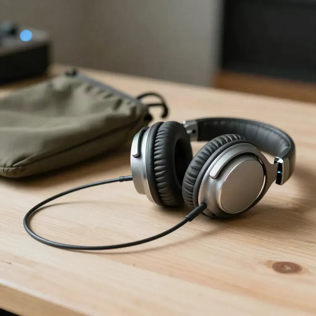 Auriculares de estudio sobre madera clara, con cable y funda, en luz suave y ambiente de estudio.