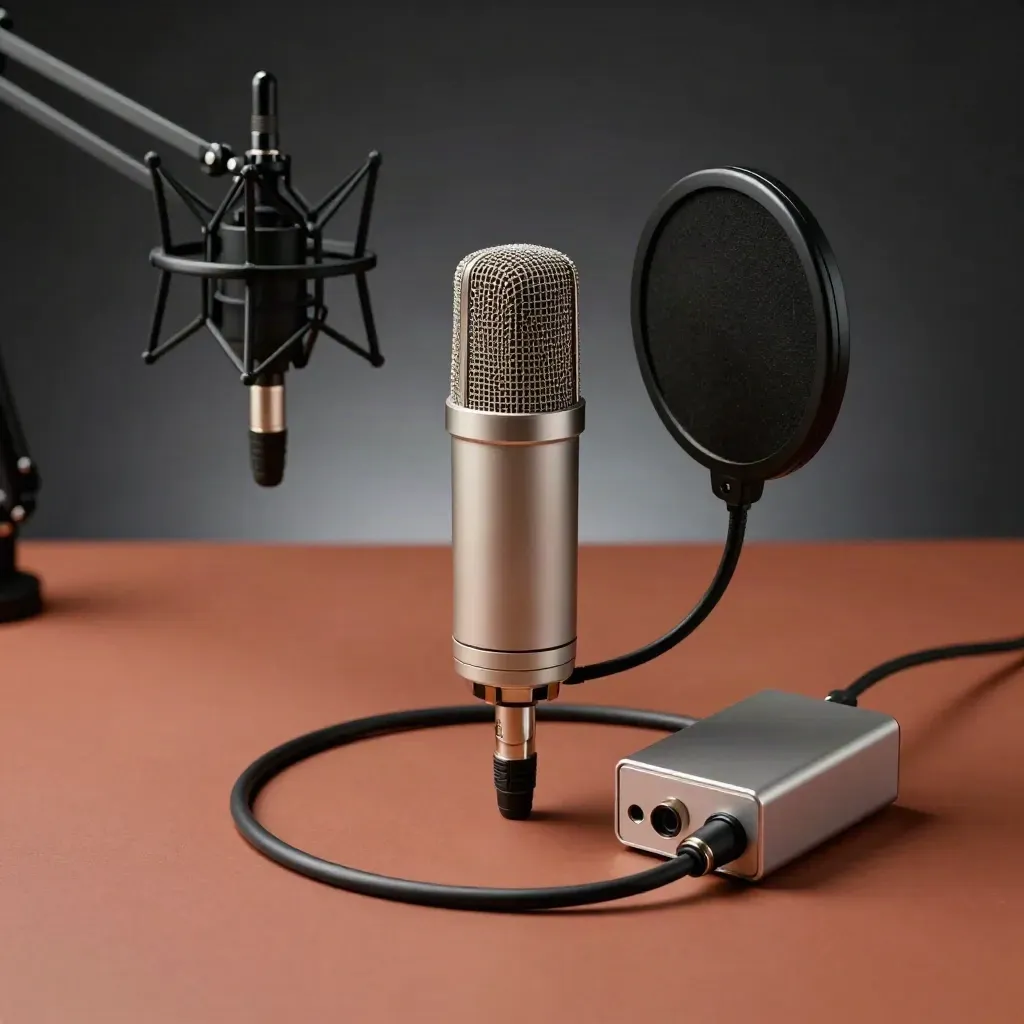 Kit de podcast con micrófono, interfaz, cable XLR, brazo, antishock y filtro pop sobre terracota.