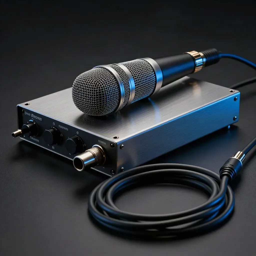 Kit de voz de estudio con fuente phantom, micrófono, preamplificador y cable XLR en luz azul dramática.