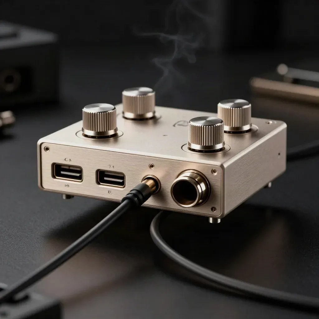 Interfaz de audio USB-C de aluminio con cuatro mandos y dos cables cortos sobre fondo oscuro.