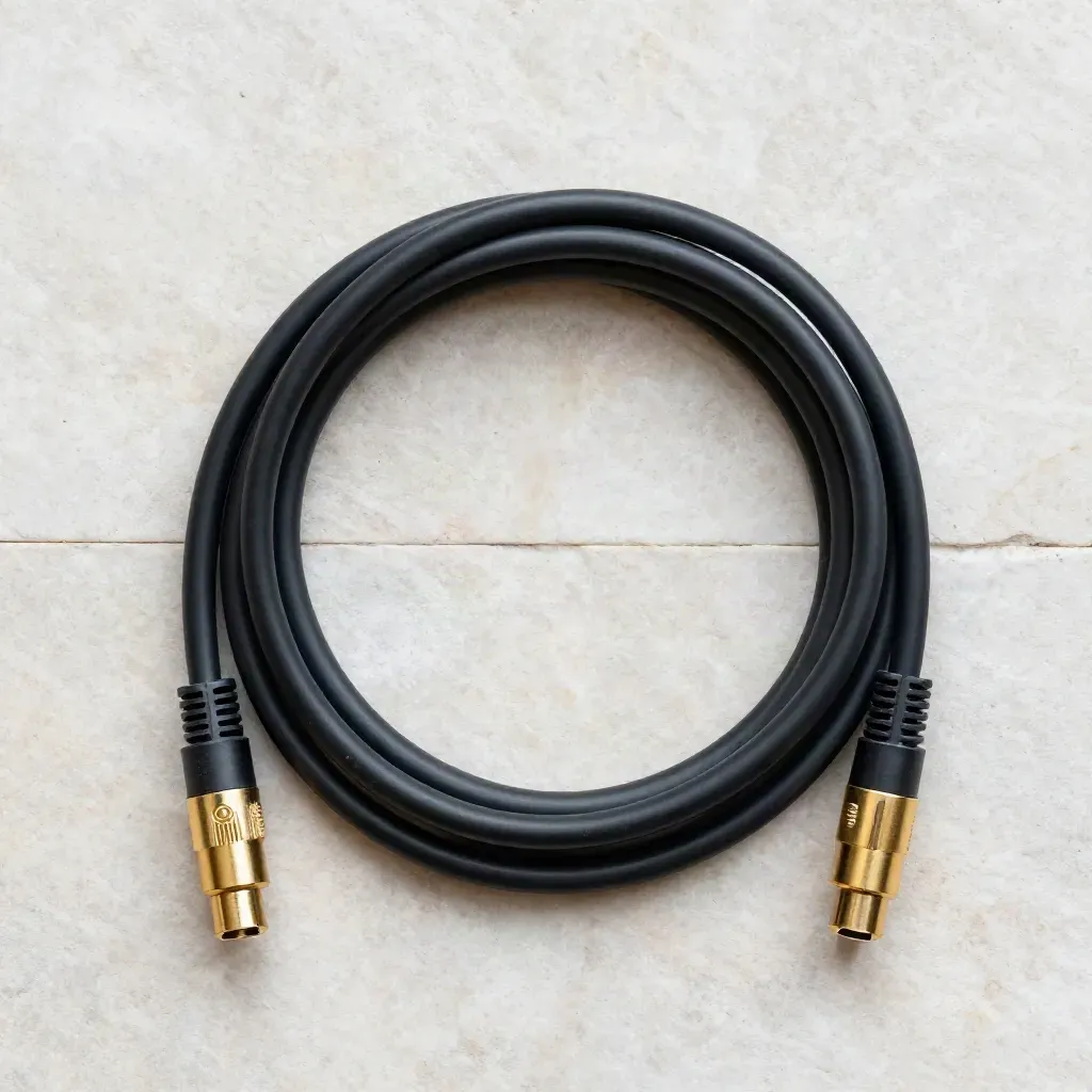 Cable XLR negro enrollado sobre piedra clara, con conectores dorados y luz suave desde arriba.
