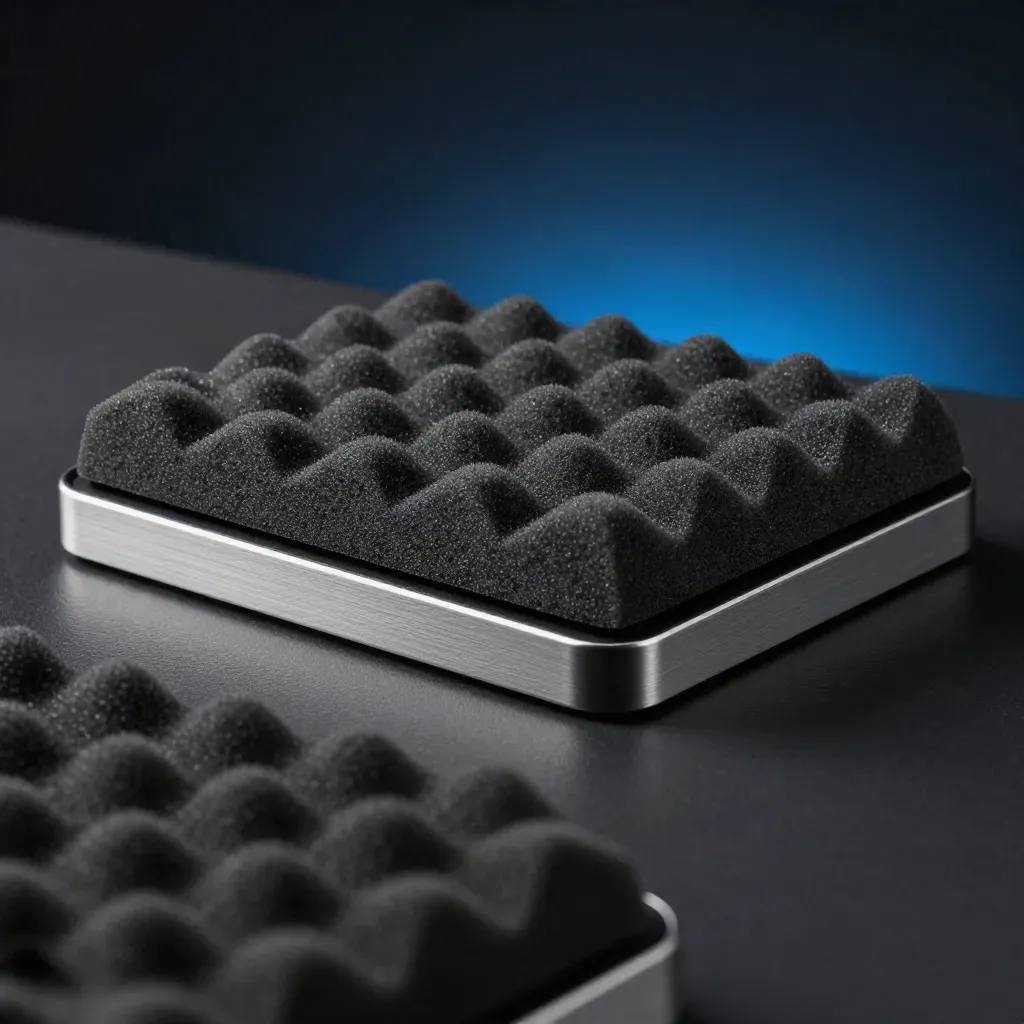 Kit aislante de mesa con espuma negra apilada y base compacta sobre fondo oscuro.