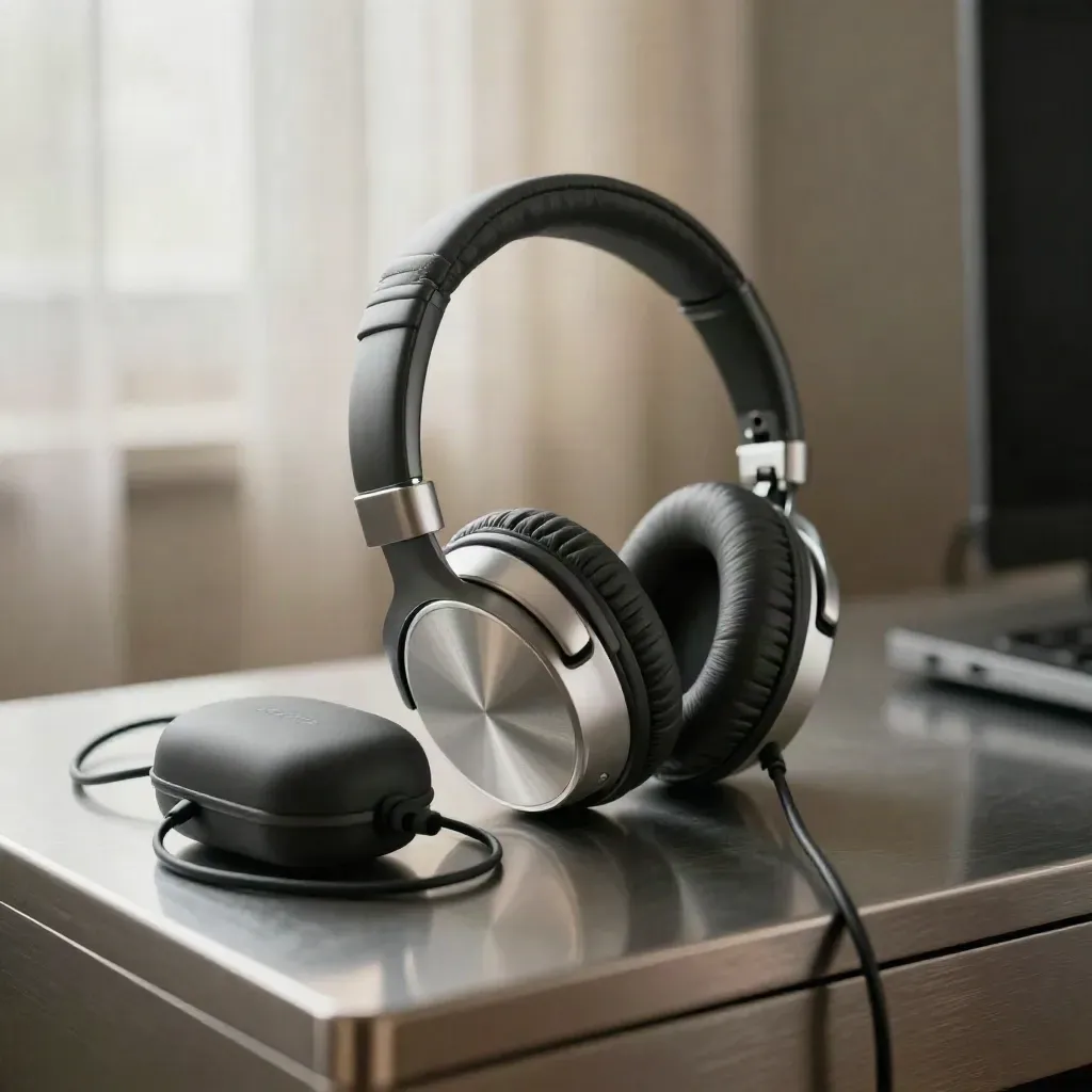 Auriculares cerrados grafito y plata sobre consola metálica, con funda y cable enrollado.