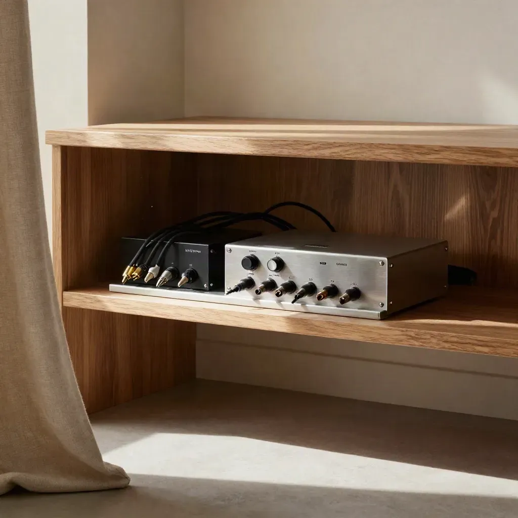 Estante de madera con rack de estudio y luz solar, fondo cálido y limpio.