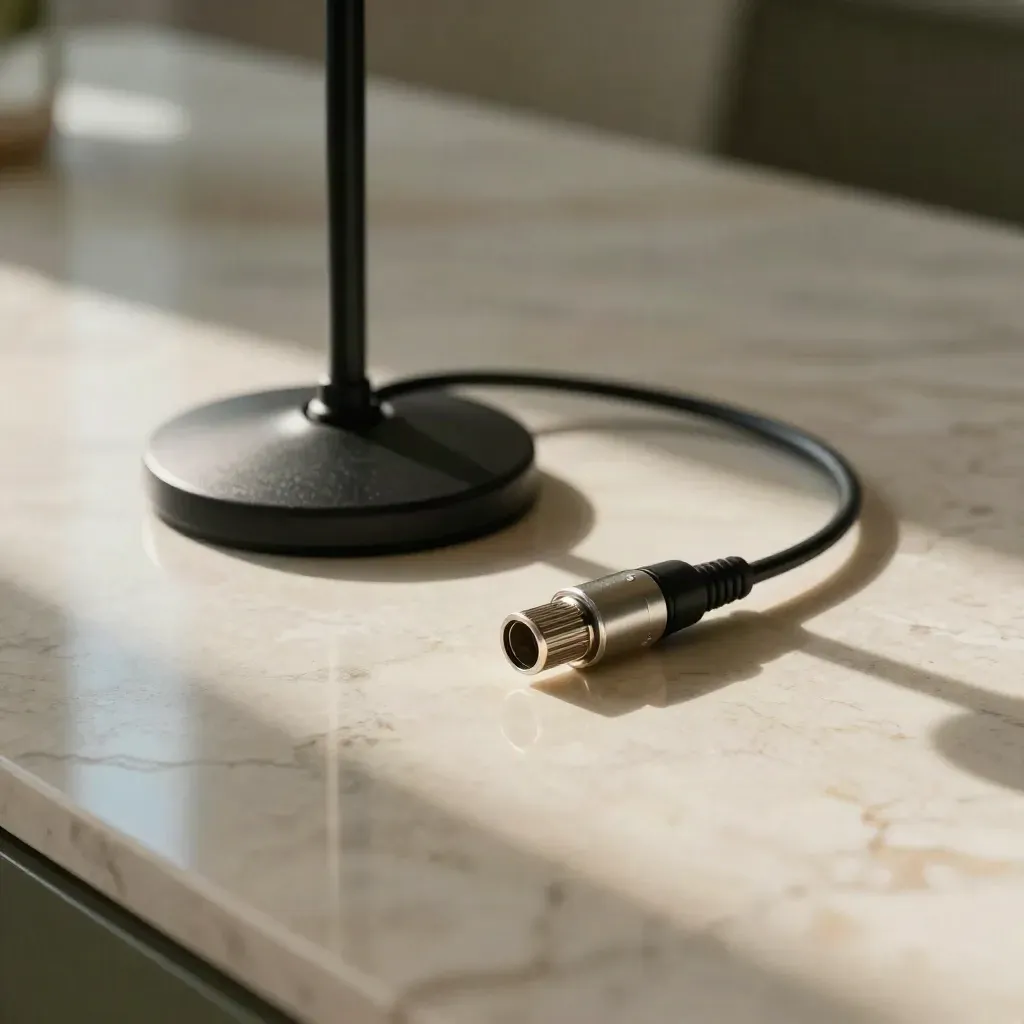Superficie de mármol crema con base de micrófono y sombras de cable en luz suave